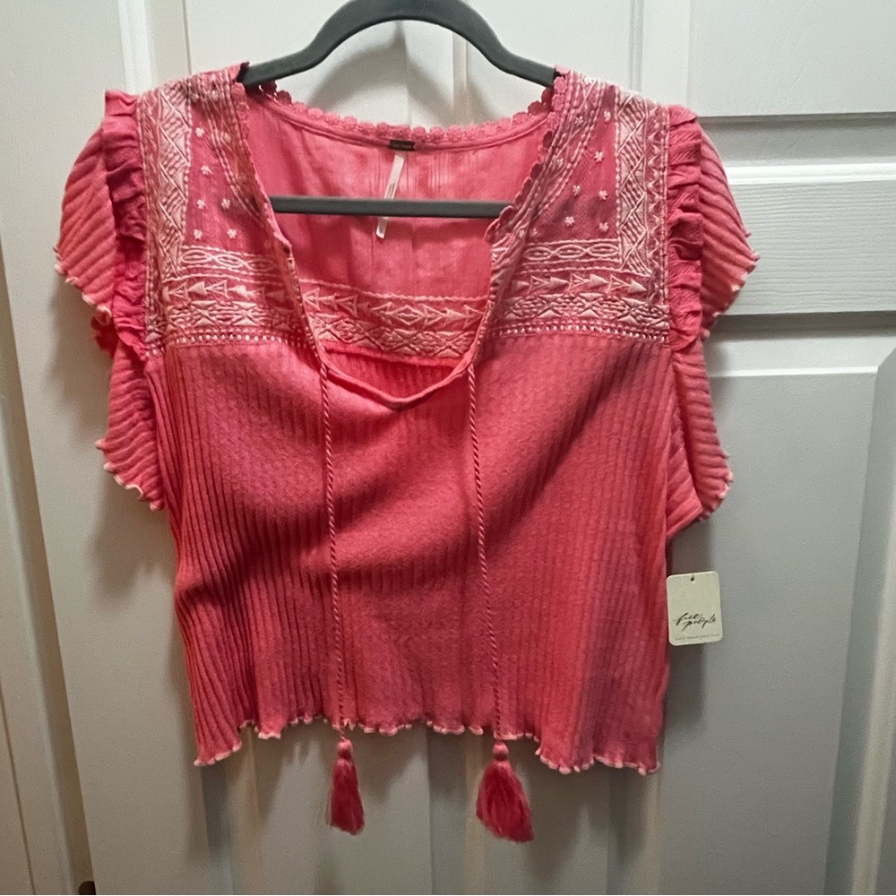Free People Coral Embroidered Blouse